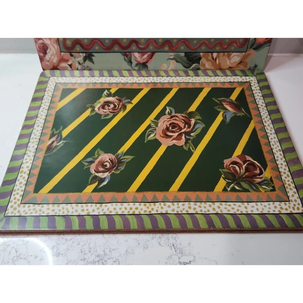 Set of 5 Mackenzie Childs Cork Placemats 3 Courtly Check Fish 2 Roses Floral